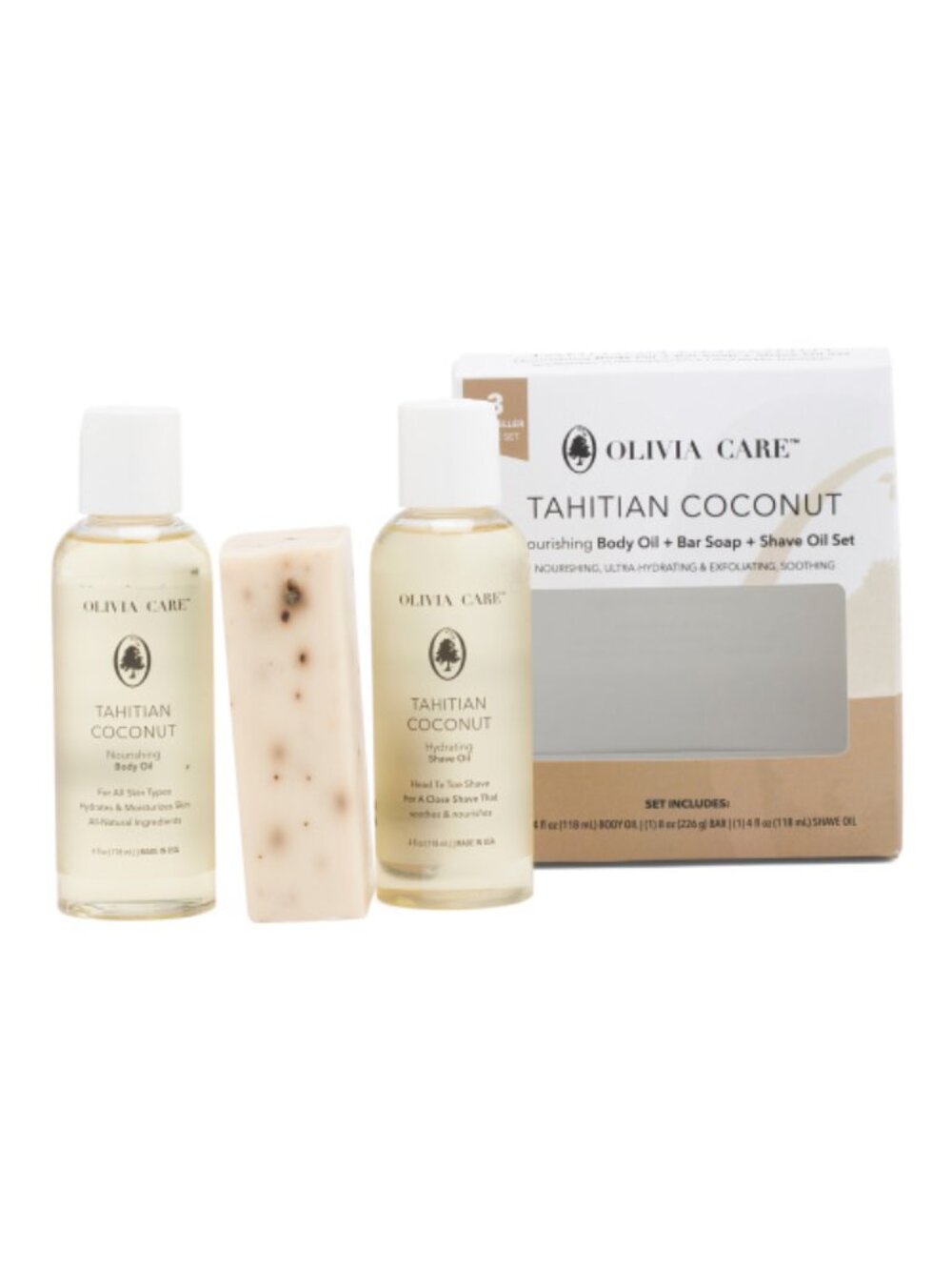 Olivia Care Tahitian Coconut Nourishing Body Oil + Bar Soap + Shave Oil Set NEW